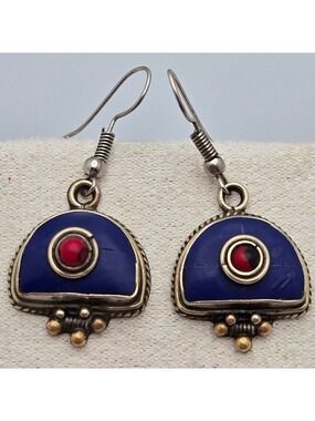 Nepali Tribal Boho Handmade Earrings Tibetan Coral & Lapis Lazuli Ethnic Jewelry